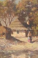 Olvashatatlan jelzéssel: Faluvége. Olaj, vászon. Javított. Dekoratív, kissé sérült fakeretben. 62×95...