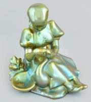 Zsolnay libatömő lány eozin mázas porcelán, jelzett, hibátlan 18 cm