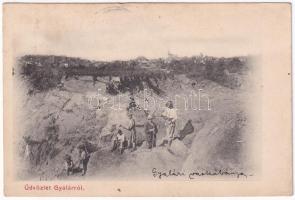 1909 Gyalár, Ghelari; vaskőbánya bányászokkal / mine with workers (EK)