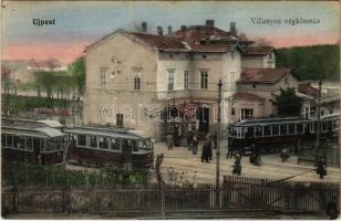 1913 Budapest IV. Újpest, villanyos végállomás, villamosok