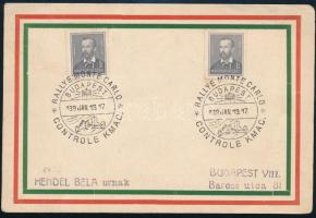 1939 Monte Carlo Rallye bélyegzés KMAC ellenörző állomás, Budapest. Levelezőlapon / Rally control stamp in Budapest