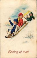 Boldog új évet, szánkózó gyerekek / New Year, sledding child, litho (Rb)