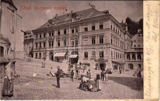 1901 Selmecbánya, Banská Stiavnica; Akadémiai központi épület, Ernst Zsigmond és Hauer Gyula üzlete, piac / academy, shops, market. photo (fl)