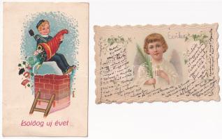 10 db RÉGI üdvözlő képeslap vegyes minőségben: angyalkák, kéményseprő, malac, újév, húsvét, virágos / 10 pre-1945 greeting postcards in mixed quality: angels, chimney sweeper, pig, New Year, Easter, floral