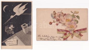 10 db RÉGI üdvözlő képeslap vegyes minőségben: angyalkák, kéményseprő, malac, újév, húsvét, virágos ...