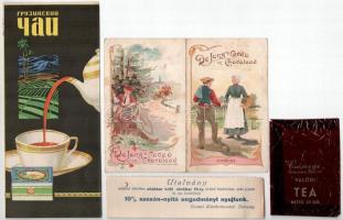 cca 1900-1960 4 db reklám nyomtatvány, teás, kakaós zacskó, kártya