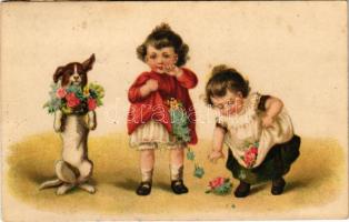 1917 Gyerekek virággal és kutyával / Child with dog and flovers, litho