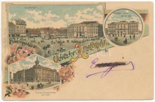 Arad, Szabadság tér, színház épület délről nézve, Jószágkormányzóság palotája / square, theatre, Governing palace. Ottmar Zieher Art Nouveau, floral, litho (EK)