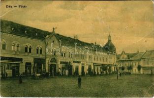 1907 Dés, Dej; Fő tér, Gálócsi Samu üzlete. Goldstein Jakab kiadása. W.L. (?) 9807. / main square, shops (lyukak / pinholes)