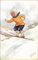 Téli sport művészlap, síelő gyerek / winter sport art postcard, skiing. B.K.W.I. 2900-4. s: K. Feiertag