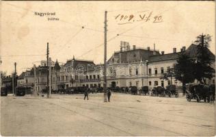 1909 Nagyvárad, Oradea; Indóház, vasútállomás, villamos / railway station, tram (fl)