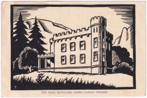 1946 Tordai-hasadék, Cheile Turzii, Torda, Turda; Erdélyi Kárpát Egyesület Torda-hasadéki menedékházának tervezete. Tóth István festőművész eredeti linoleum metszete / Planul casei adapost a Soc. Carpatine Ardelene dela Cheia Turzii / plan of the rest house. lino cut (kis szakadás / small tear)