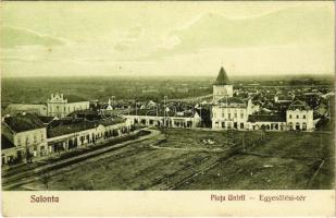 Nagyszalonta, Salonta; Piata Unirii / Egyesülési tér, Lévy József, Weisz és Fohn, Andor üzlete, zsinagóga. Döme Károly kiadása / square, shops, synagogue (EK)