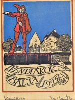 Kós Károly (1883-1977): Véndiákok bálja, Linómetszet, papír, útolagos jelzéssel. Üvegezett keretben 12x16 cm