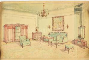 Olvashatatlan (Szmrecsányi?) jelzéssel, 1900-1910 körül: 3 db enteriőrterv bútorokkal, szőnyegekkel, festményekkel, csillárokkal. Akvarell, papír, sérült, részben javított, feltekerve, 33x50,5 cm.