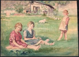 Jelzés nélkül: Lányok a réten. Akvarell, ceruza, papír. Lapszéli kisebb szakadásokkal. 28x38,5 cm.