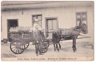 Kolozsvár, Cluj; Batiz János szikvíz gyára, szódásüveg szállító lovaskocsi. Dohány utca 23. / soda factory, horse cart carrying soda bottles (szakadás / tear)