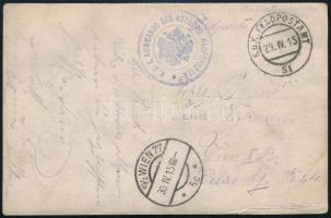 1915 Tábori posta képeslap "K.U.K. KOMMANDO DES AUTOORD. HAUPTPOSTEN" + "FP 51", 1915 Field postcard "K.U.K. KOMMANDO DES AUTOORD. HAUPTPOSTEN" + "FP 51"