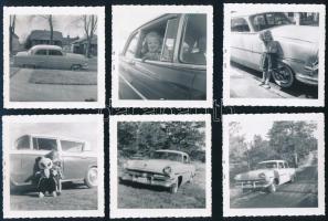 1958-1968 Az Egyesült Államokban élő magyar férfi hazaküldött fényképei, rajtuk klasszikus 50-es évekbeli autókkal; 12 db fotó, a hátoldalon feliratozva, 9x9 cm