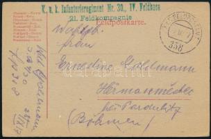 1917 Tábori posta levelezőlap "K.u.k. Infanterieregiment Nr. 30. IV. Feldbaon 21. Feldkompagnie" + "FP 358", 1917 Field postcard "K.u.k. Infanterieregiment Nr. 30. IV. Feldbaon 21. Feldkompagnie" + "FP 358"