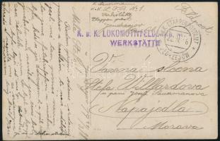 1917 Tábori posta képeslap "K.u.k. LOKOMOTIVENFELDBAHN WERKSTATTE" + "EP Jedrzejow b", 1917 Field postcard "K.u.k. LOKOMOTIVENFELDBAHN WERKSTATTE" + "EP Jedrzejow b"