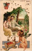 1902 Romantic couple, angel with cradle Emb. golden decoration litho (EK)