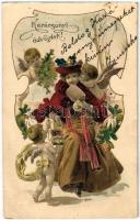 1902 Karácsonyi üdvözlet / Christmas greeting, lady with angels litho