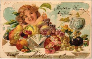 1902 Girl with fruits. litho