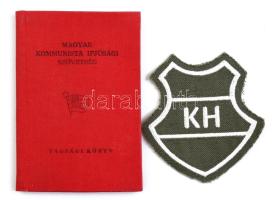 1958 Bp., BM Karhatalom alkalmazottja részére kiállított, fényképes KISZ tagsági igazolvány + Karhatalmi felvarró, 7,5x7 cm