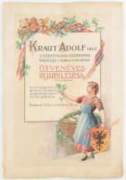 1925 Kraut Adolf urat a székesfővárosi házinyomda tördelőjének 50 éves jubileuma alkalmából köszöntés.  Akvarell címlap + 8 db aláírásokat tartalmazó lap. 32x47 cm