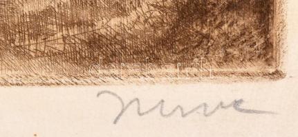 Imre István (1918-1983): Szőlőhegyen. Színezett rézkarc, papír. Jelzett. Foltos. Sérült fakeretben, ...