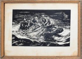 Kerti Károly (1917-?): Halászok, 1958. Fametszet, papír, jelzett, kissé foltos, üvegezett fakeretben, 25,5×35 cm