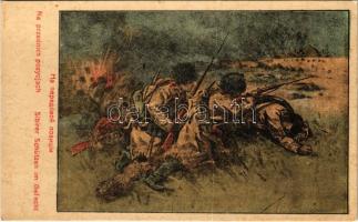 Na przednich pozycjach / Sibirer Schützen im Gefecht / Siberian riflemen in battle, Russian military art postcard