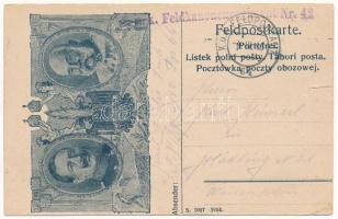 1915 Feldpostkarte / Tábori Postai Levelezőlap / WWI Austro-Hungarian K.u.K. military field postcard with Wilhelm II and Franz Joseph I of Austria, Viribus Unitis propaganda + K.u.K. Feldkanonenregiment Nr. 42 (szakadás / tear)