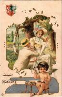 1902 Romantic couple, angel, art postcard with golden decoration. Emb. litho (EK)