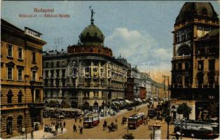 1930 Budapest VIII. Rákóczi út, villamosok, Takarékpénztár, gyógyszertár (EK)
