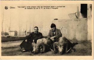 China, Twee argalis (Wilde schapen) door een Amerikaan geveld in de buurt van de residentie van den E. P. De Wilde in Mongolie / Two argalis (Wild sheep) felled by an American in Mongolia