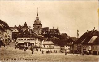 1907 Segesvár, Schässburg, Sighisoara; Marktplatz / Piac tér, F. Oláh, W. Leonhardt, H. Gischt üzlete. Fritz Teutsch Oranotypie / square, shops