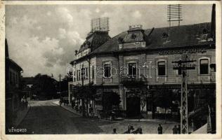 Ungvár, Uzshorod, Uzhhorod, Uzhorod; Slovenska Banka bank. Brody & Gottlieb kiadása / street view, bank + "1938 Ungvár visszatért" So. Stpl. (EK)