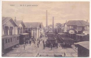 1914 Piski, Simeria; MÁV vasútállomás javító műhelye vonatokkal. Kiadja Zeidner Gusztáv / repair workshop of the Hungarian State Railways with trains, railway station