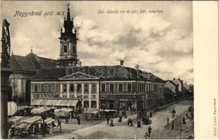 1905 Nagyvárad, Oradea; Szt. László tér, görög katolikus templom, piac, Csarnok Kávéház, Rosenberg József férfi szabó, Általános takarékpénztár, Adria gőzhenger malom, dohány és szivar üzlet. Helyfi László kiadása / square, church, market, cafe, savings bank, shops (EK)