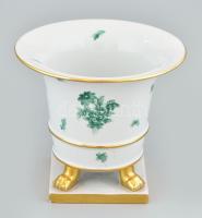 Herendi zöld virágmintás körmös kaspó, kopott, kis lepattanással, jelzett, m: 17,5 cm