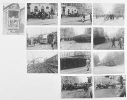 1956 Budapest, felvételek a forradalom időszakából, felborult villamos, utcaképek, stb., 12 db fotó, 10,5×14,5 cm