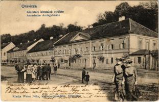 1904 Oravicabánya, Oravica, Oravicza, Oravita; Kincstári hivatalok épülete. Weisz Félix kiadása. Montázs hölgyekkel és urakkal / Aerarische Amtsgebäude / treasury buildings. Montage with ladies and gentlemen (EK)