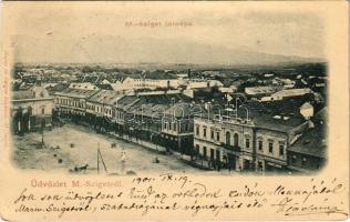 1901 Máramarossziget, Sighetu Marmatiei; Fő tér, Korona szálloda és kávéház, Kardos Ignác, Klein üzlete. Mayer és Berger üzlete / main square, shops, hotel and cafe