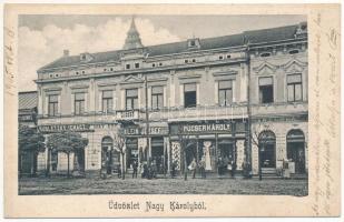 1905 Nagykároly, Carei; utca, Rubletzky Ignác, May Ede, Klein József, Pucser Károly és Varecska üzlete. Csókás László kiadása / street, shops