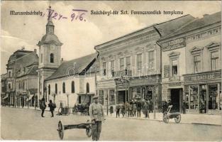 1916 Marosvásárhely, Targu Mures; Széchenyi tér, Szt. Ferenc rendiek temploma, talicskás, Hamburgi kávébehozatal, Löbl, Joánovics testvérek és Holbach Ede üzlete, dohány és szivar nagytőzsde, Szekeres Ferenc cipész, Schwartz Móritz és társa Ohio szállítási vállalat irodája. Porjes S. Sándor kiadása / square, church, shops (EK)