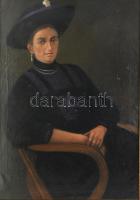 Olvashatatlan jelzéssel (jobbra fent), XX. sz. eleje: Kalapos hölgy portréja. Olaj, vászon. Javított...