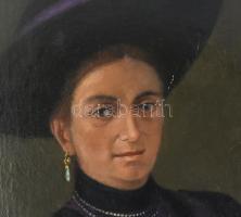 Olvashatatlan jelzéssel (jobbra fent), XX. sz. eleje: Kalapos hölgy portréja. Olaj, vászon. Javított...