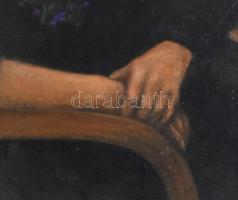 Olvashatatlan jelzéssel (jobbra fent), XX. sz. eleje: Kalapos hölgy portréja. Olaj, vászon. Javított...